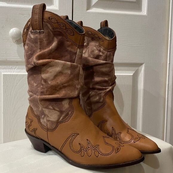 DIESEL BOOTS LEATHER/CANVAS  WESTERN COWGIRL RODEO SZ 8 RUGGED RARE ICONIC - Picture 3 of 12